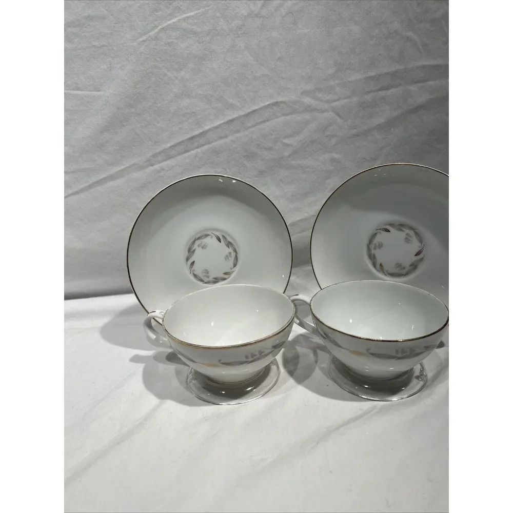 Kaysons Fine‎ China Golden Fantasy Set of 2 Teacup And Saucers White Gold Trim